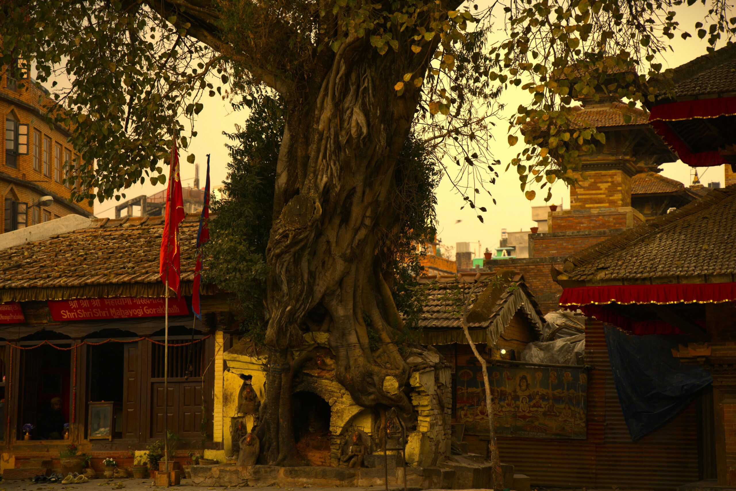 Discover the serene beauty of an ancient temple courtyard in Kathmandu, featuring traditional Nepalese architecture.